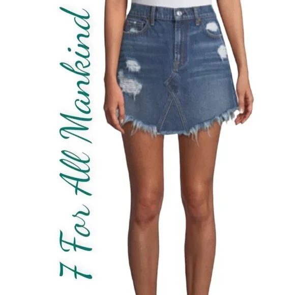 7 FOR ALL‎ MANKIND Raw Fringe Hem Denim Mini Skirt, Size 27 - Picture 9 of 10